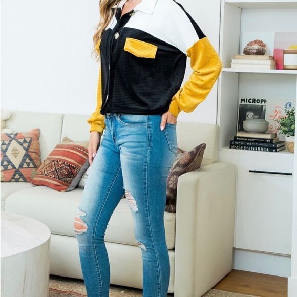 NEW ITEM !! COLOR BLOCK BUTTON DOWN VELVET TOP- BLACK-IVORY-MUSTARD! SO CUTE - Picture 3 of 6